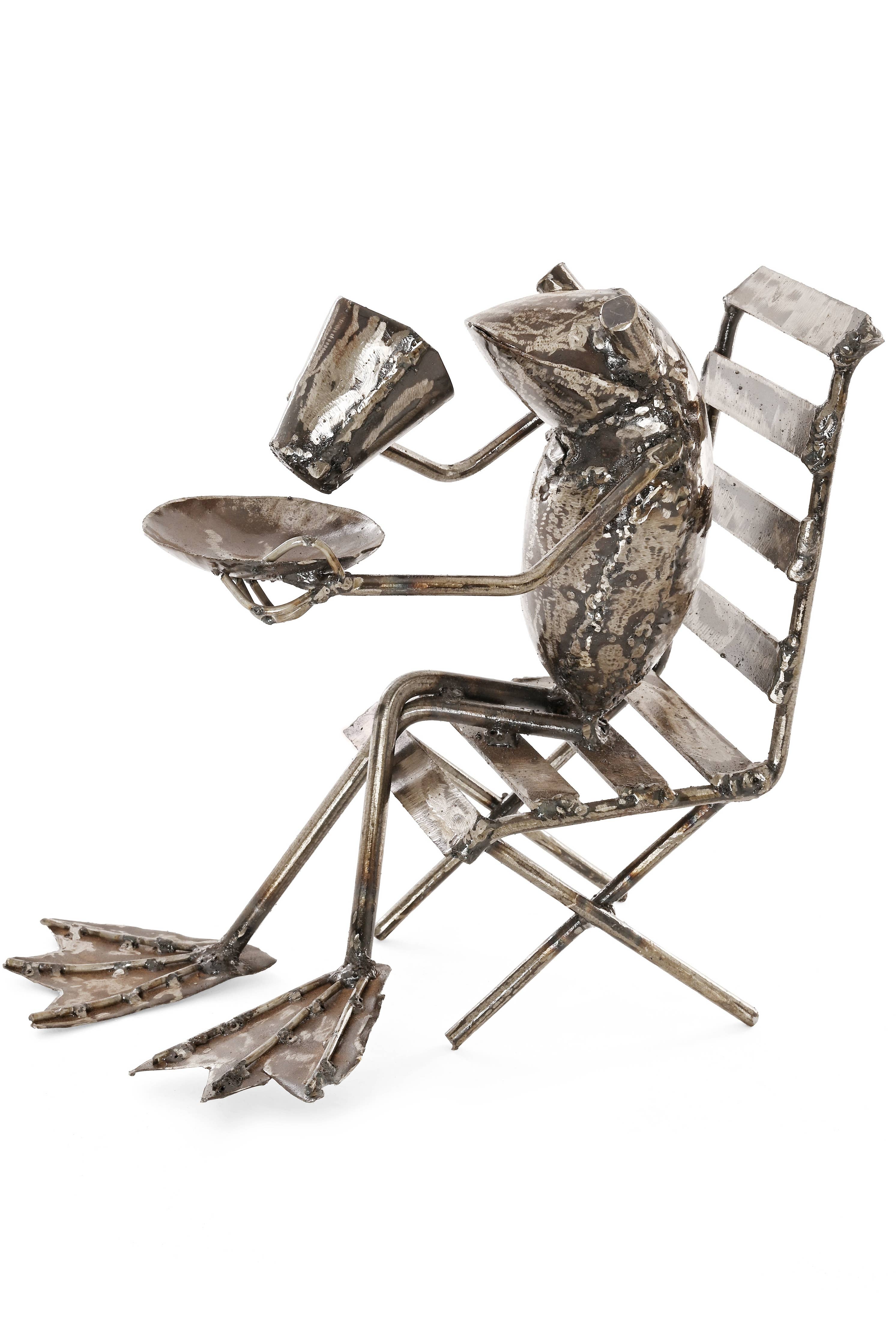 Coffee Sipping Metal Frog Sculpture - Garden Gifts