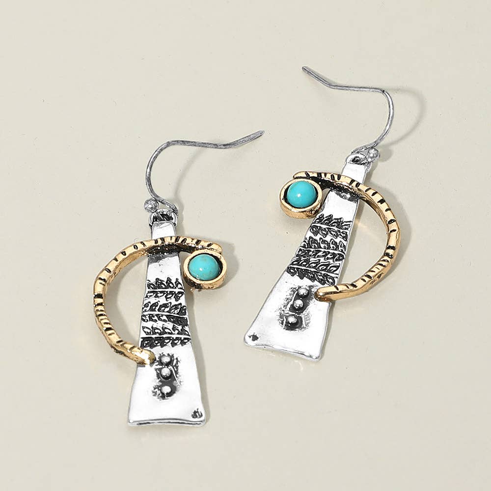 Turquoise Stone Accent Abstract Textured Metal Drop Earrings