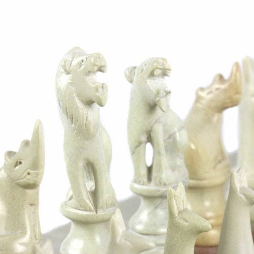 Soapstone Hand-Carved Chess Set  in Box  - Safari Animal Pieces