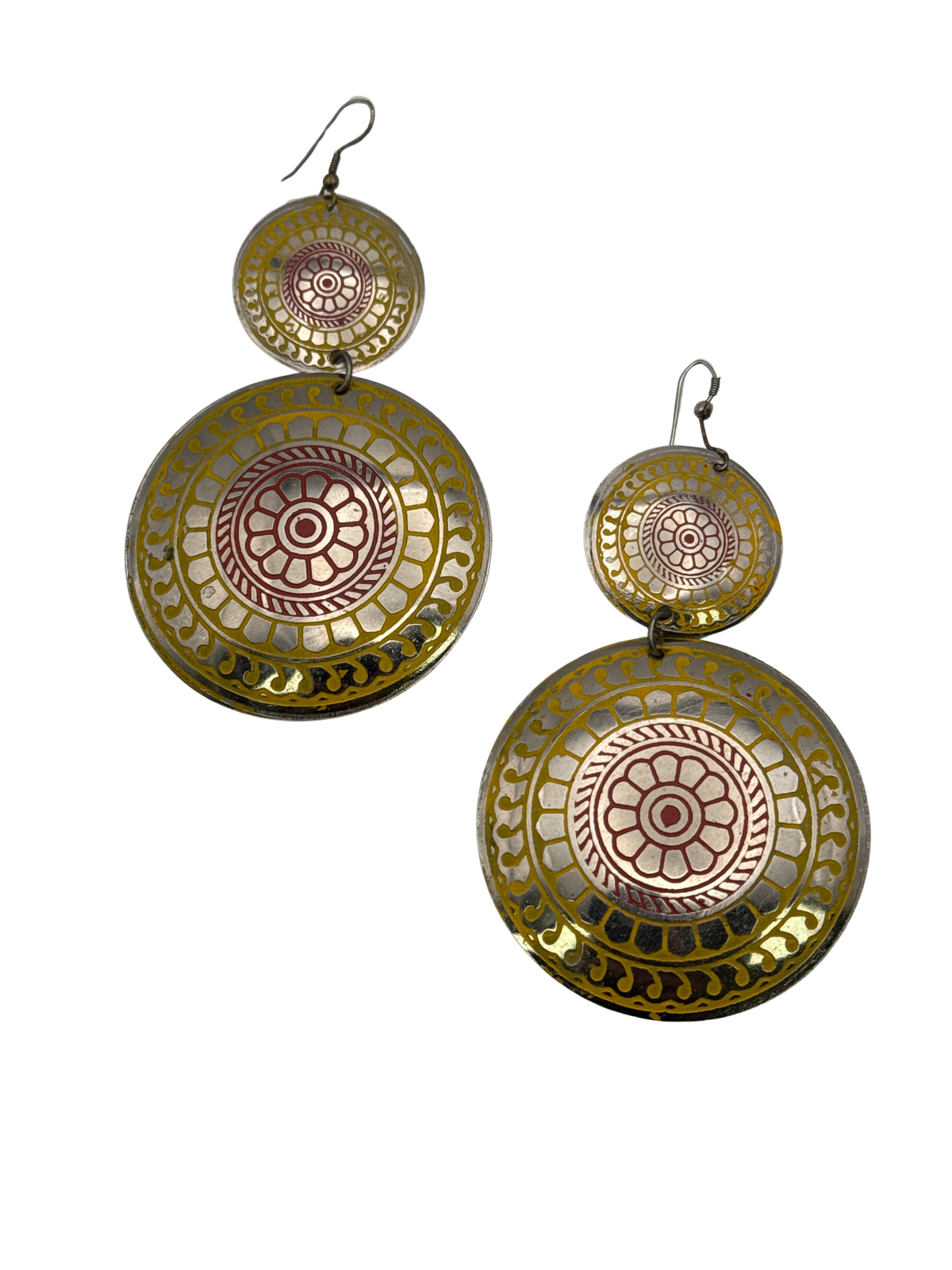 Large Bohemian Flower Print Embossed Brass Earrings