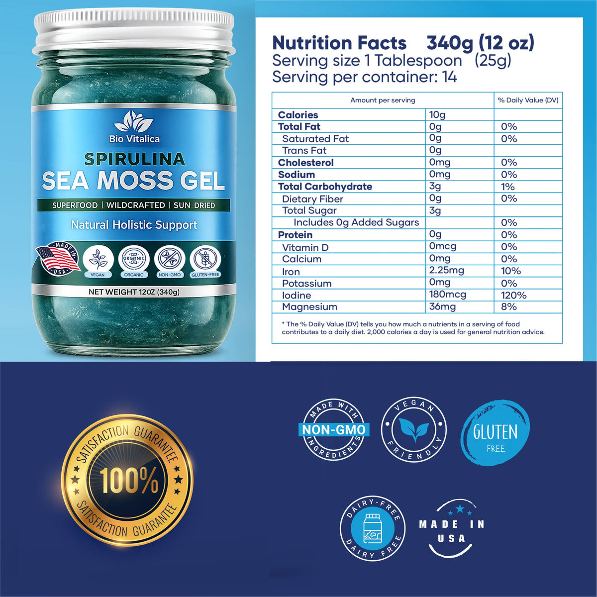 Sea Moss Gel Blue Spirulina Flavor – Wildcrafted, Sun-Dried