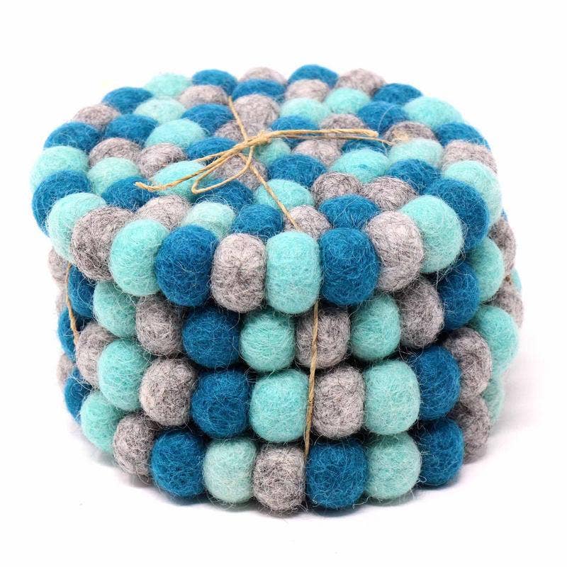 Throat Chakra Blue Felt Ball Coasters - Set of 4
