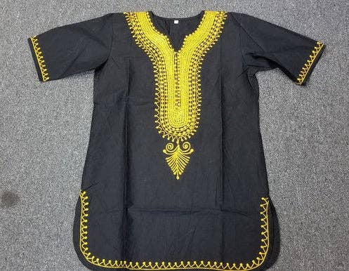M031 Unisex kurta Embroidery Top  With Kufi Hat - Black