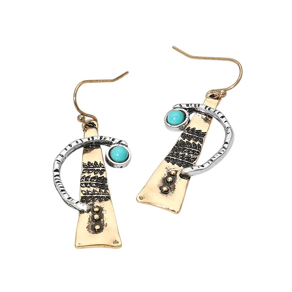 Turquoise Stone Accent Abstract Textured Metal Drop Earrings