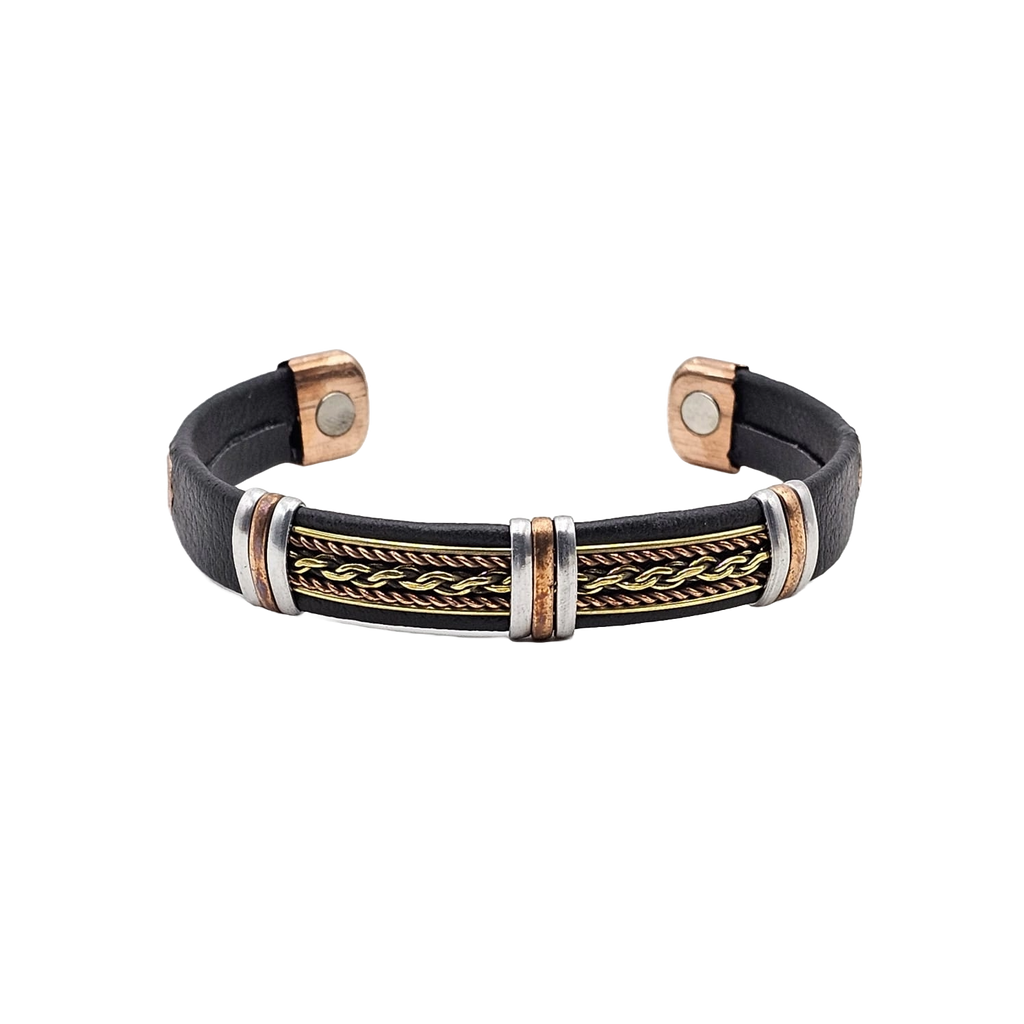 Solid Copper Faux Leather Wrapped Magnetic Bracelet Cuff