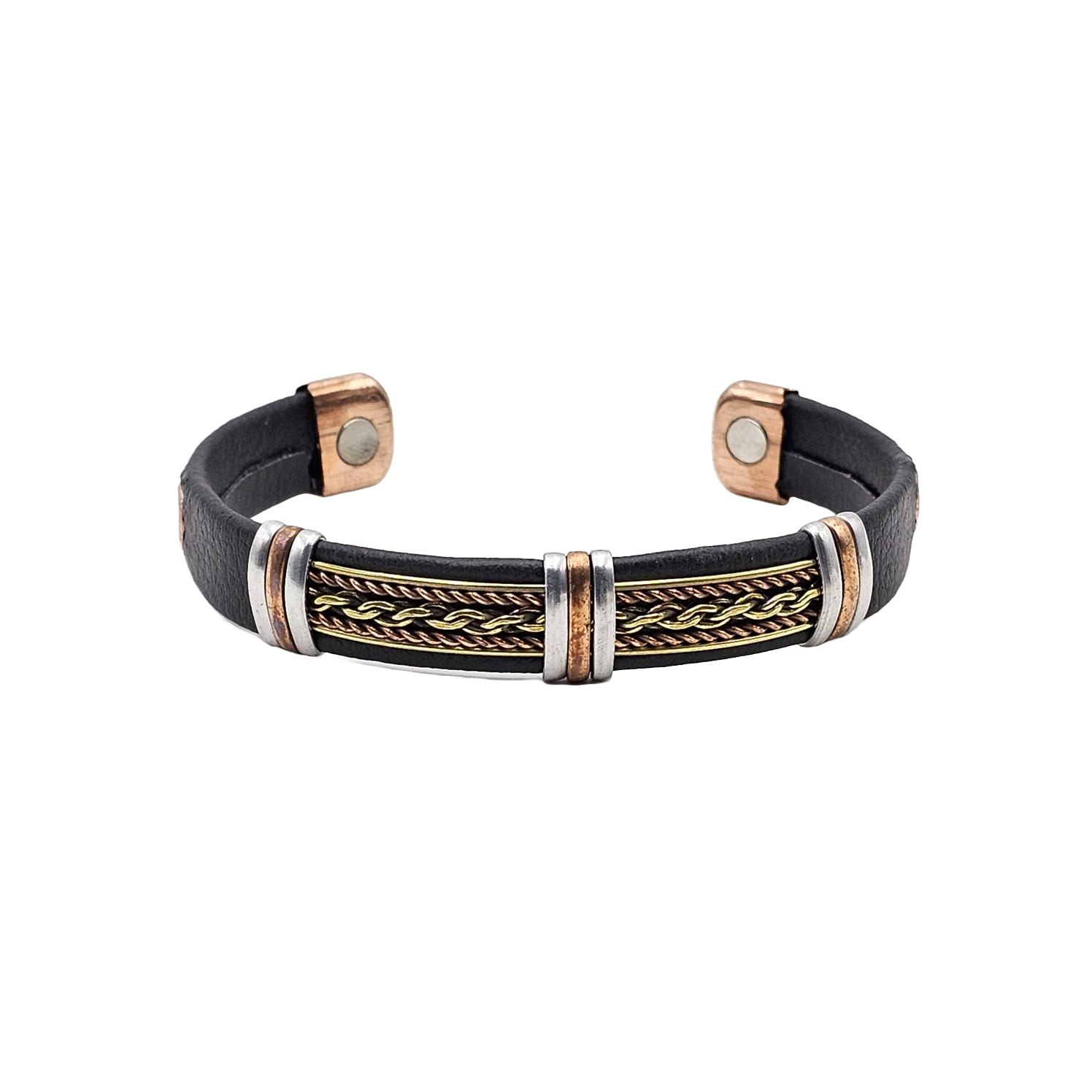 Solid Copper Faux Leather Wrapped Magnetic Bracelet Cuff