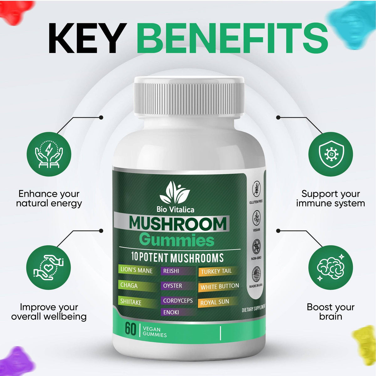 Mushroom Gummies - 10 Blend Lion's Mane Reishi Chaga Oyster