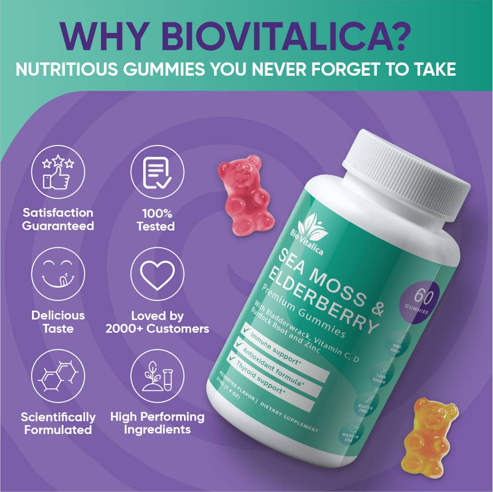 Sea Moss Elderberry Gummies Vitamin C D + Zinc Bio Vitalica