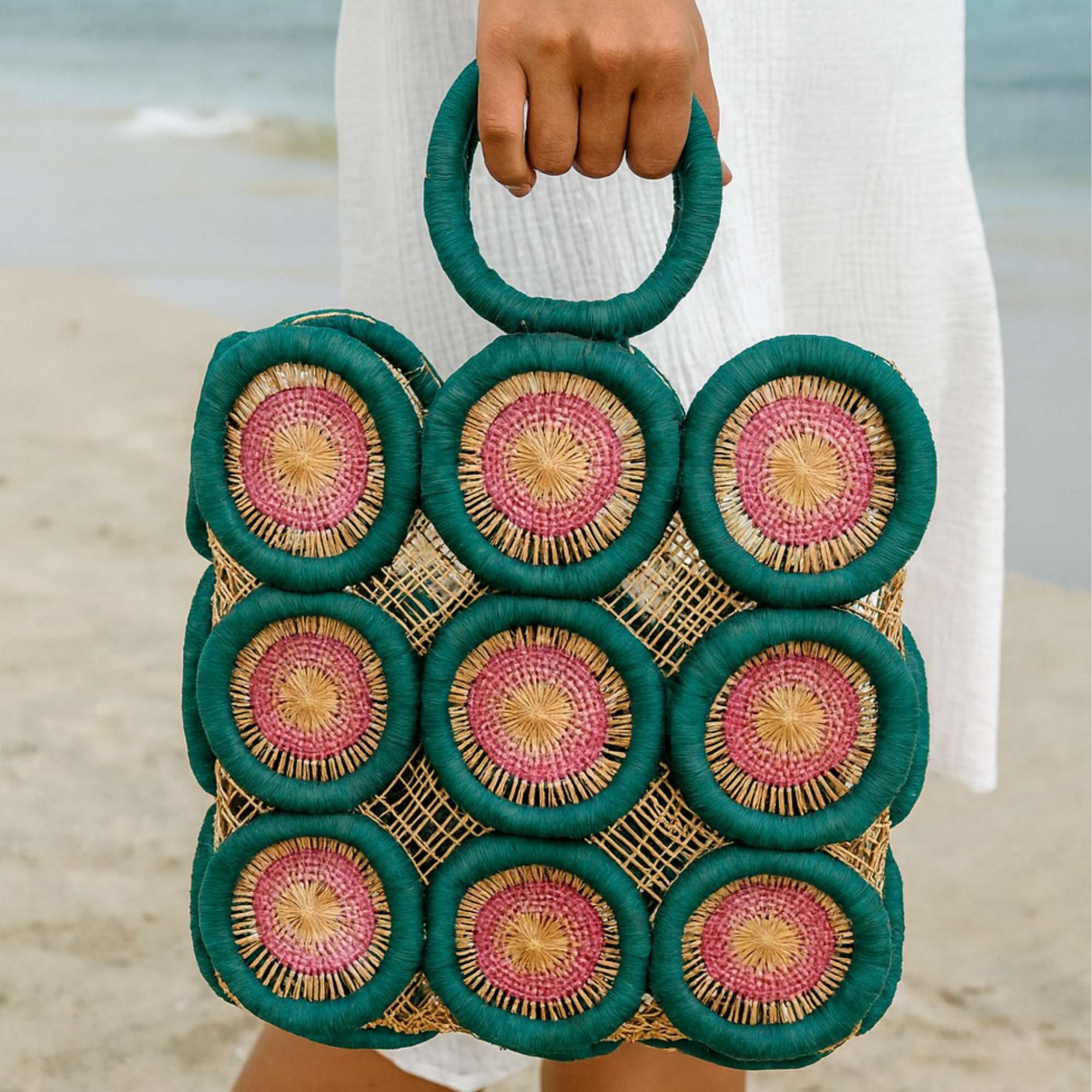 Uganda Raffia Square 12 inch Tote Basket, Pink/Green