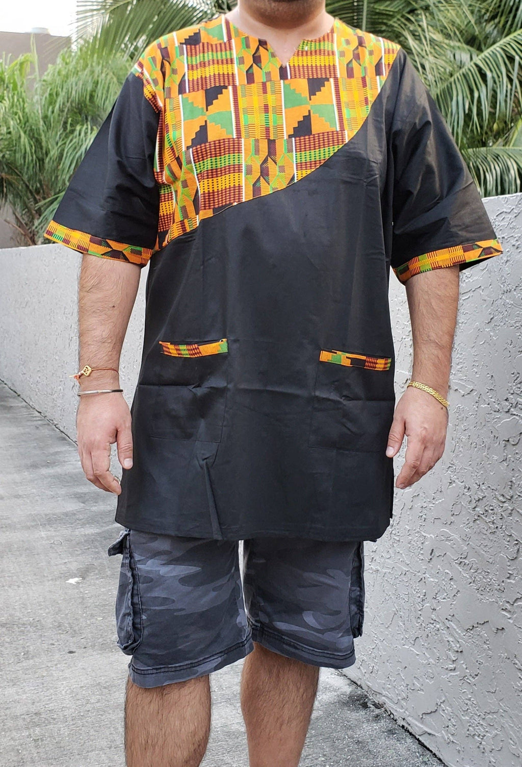 Men Tunic Shirt / Kente Accent- White M040