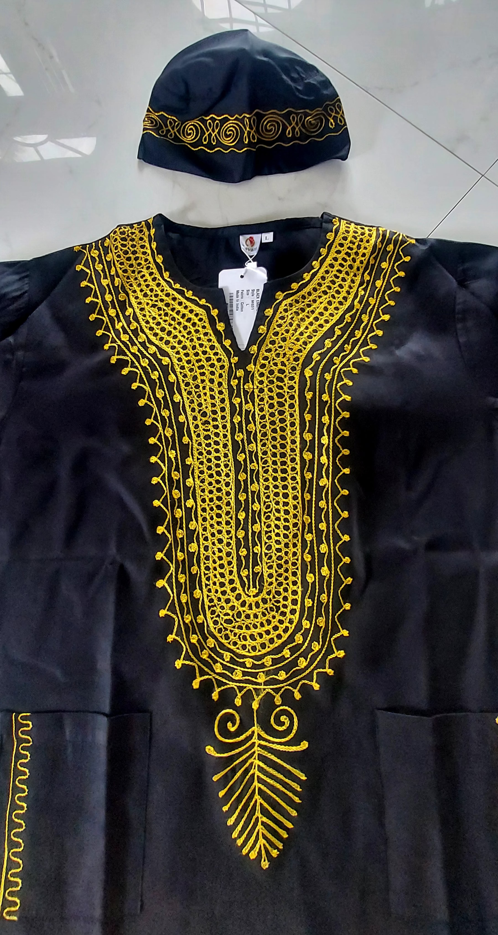 M031 Unisex kurta Embroidery Top  With Kufi Hat - Black