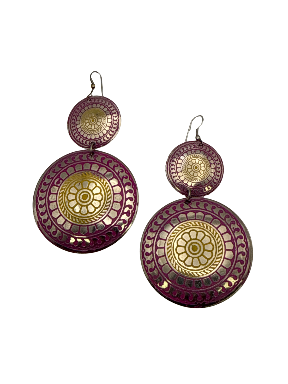 Large Bohemian Flower Print Embossed Brass Earrings