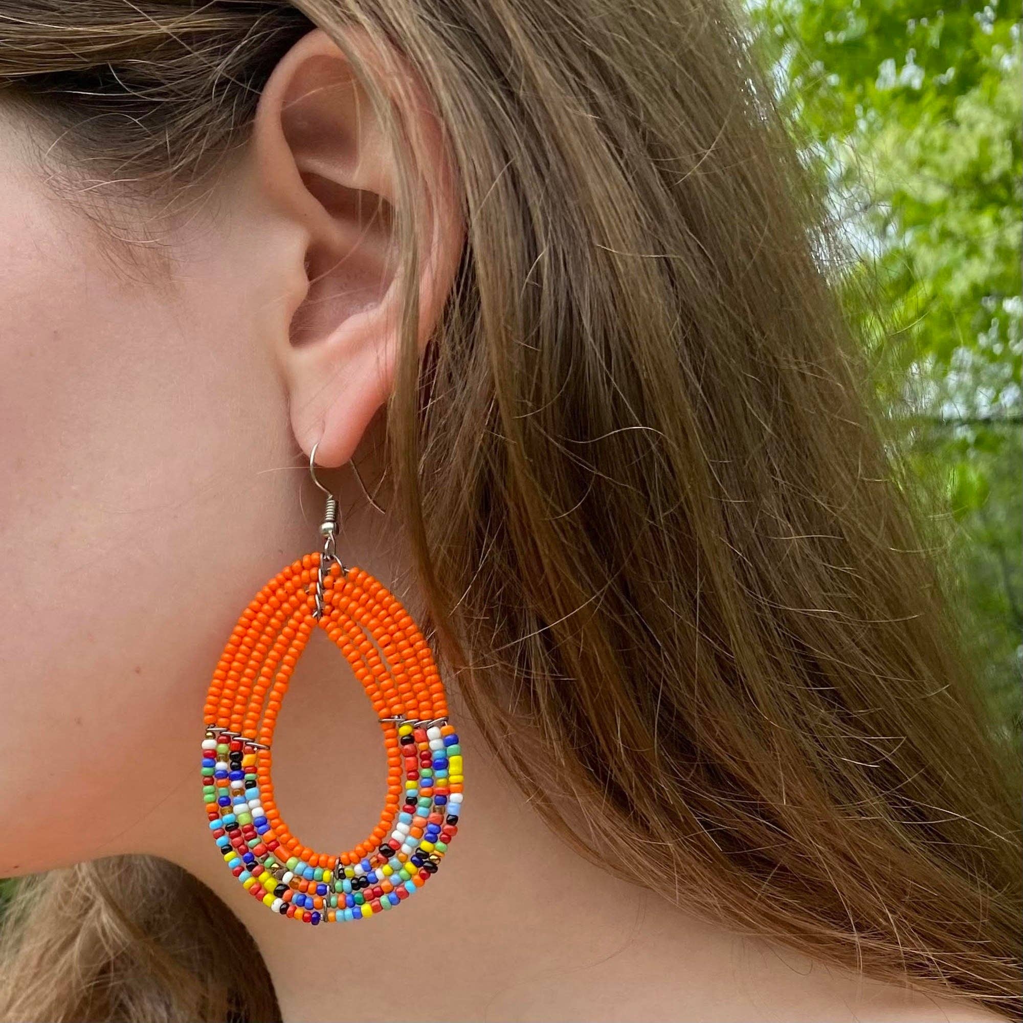 Maasai Bead Orange and Multicolor Teardrop Earrings