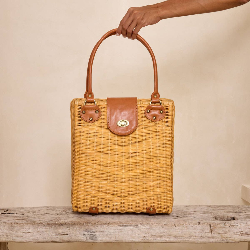 Large Rattan Handbag with Leather Flap Twist Closure