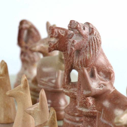 Soapstone Hand-Carved Chess Set  in Box  - Safari Animal Pieces