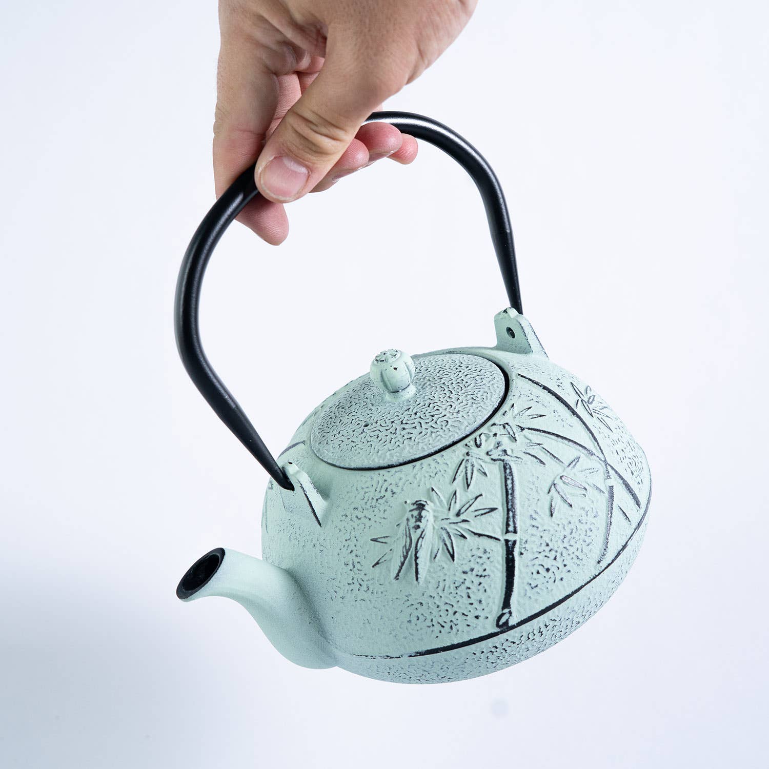 Mint Green Bamboo Design 40oz Cast Iron Tea Pot (1/8)