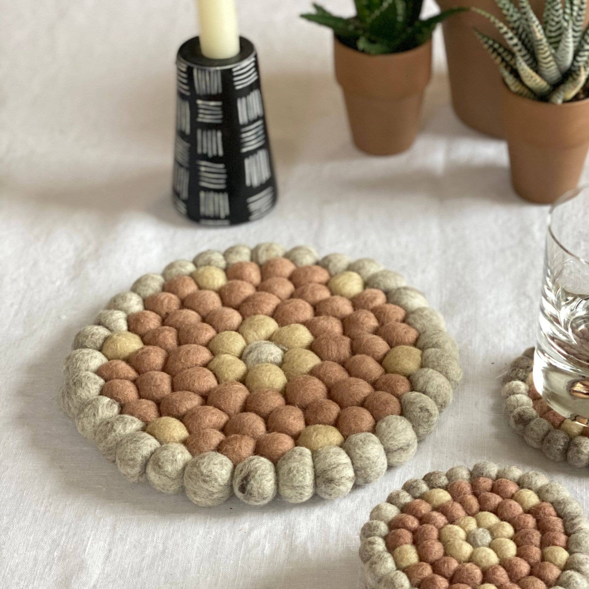 Pink Flower Felt Ball Trivet