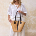 Rattan Beach Basket Woven Tote Bag with Dark Leather Trim