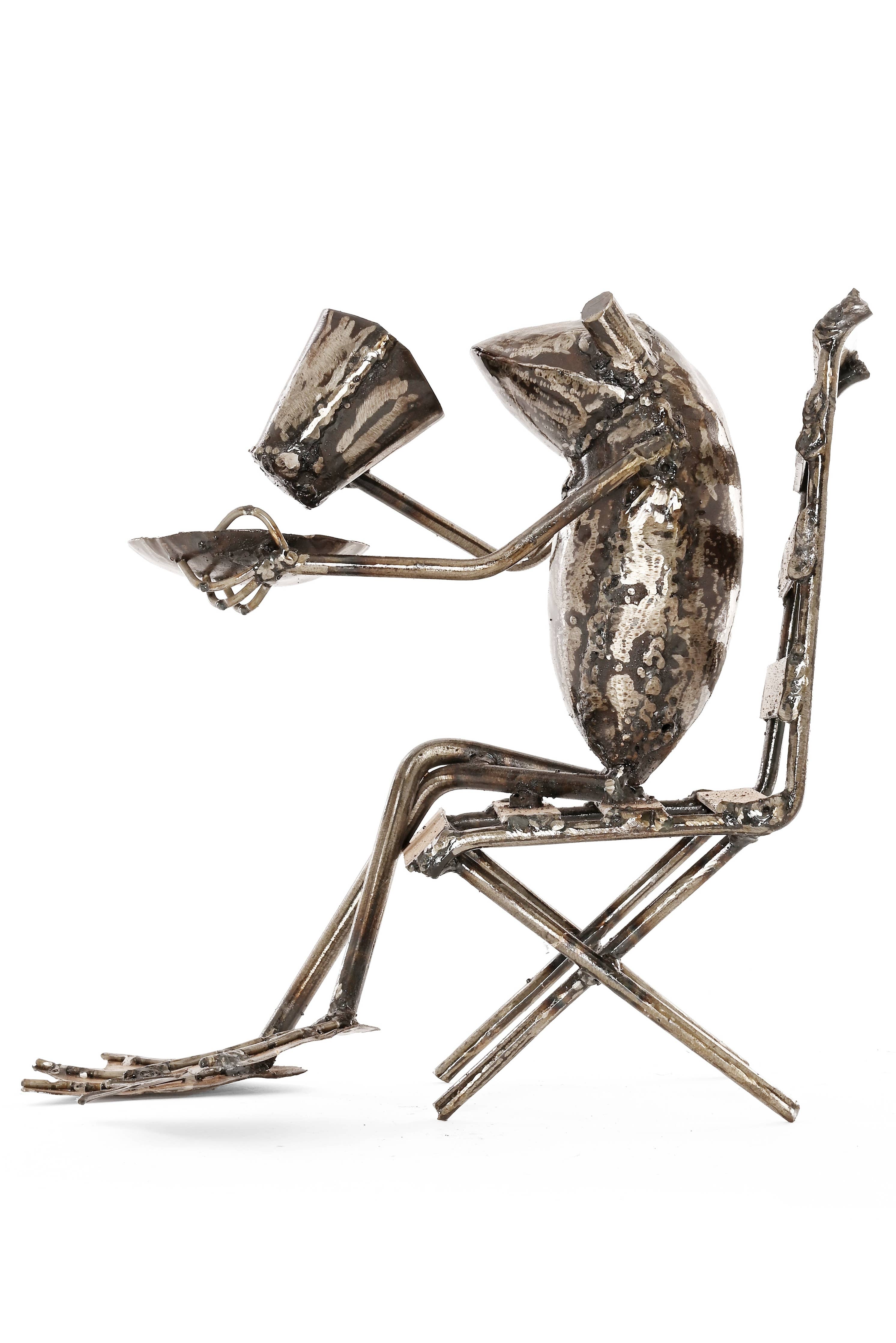 Coffee Sipping Metal Frog Sculpture - Garden Gifts