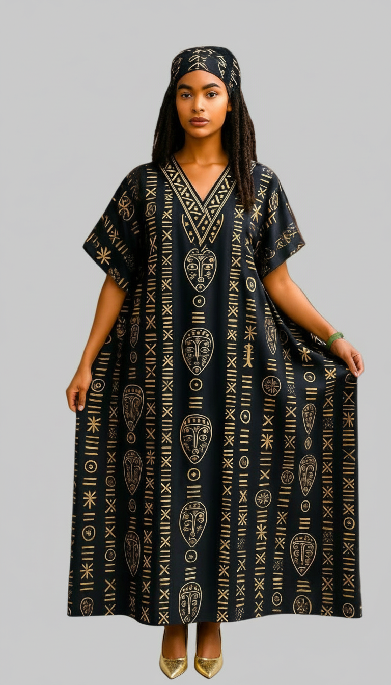 Kaftan Dress / Tribal Print Black/Gold -KF02