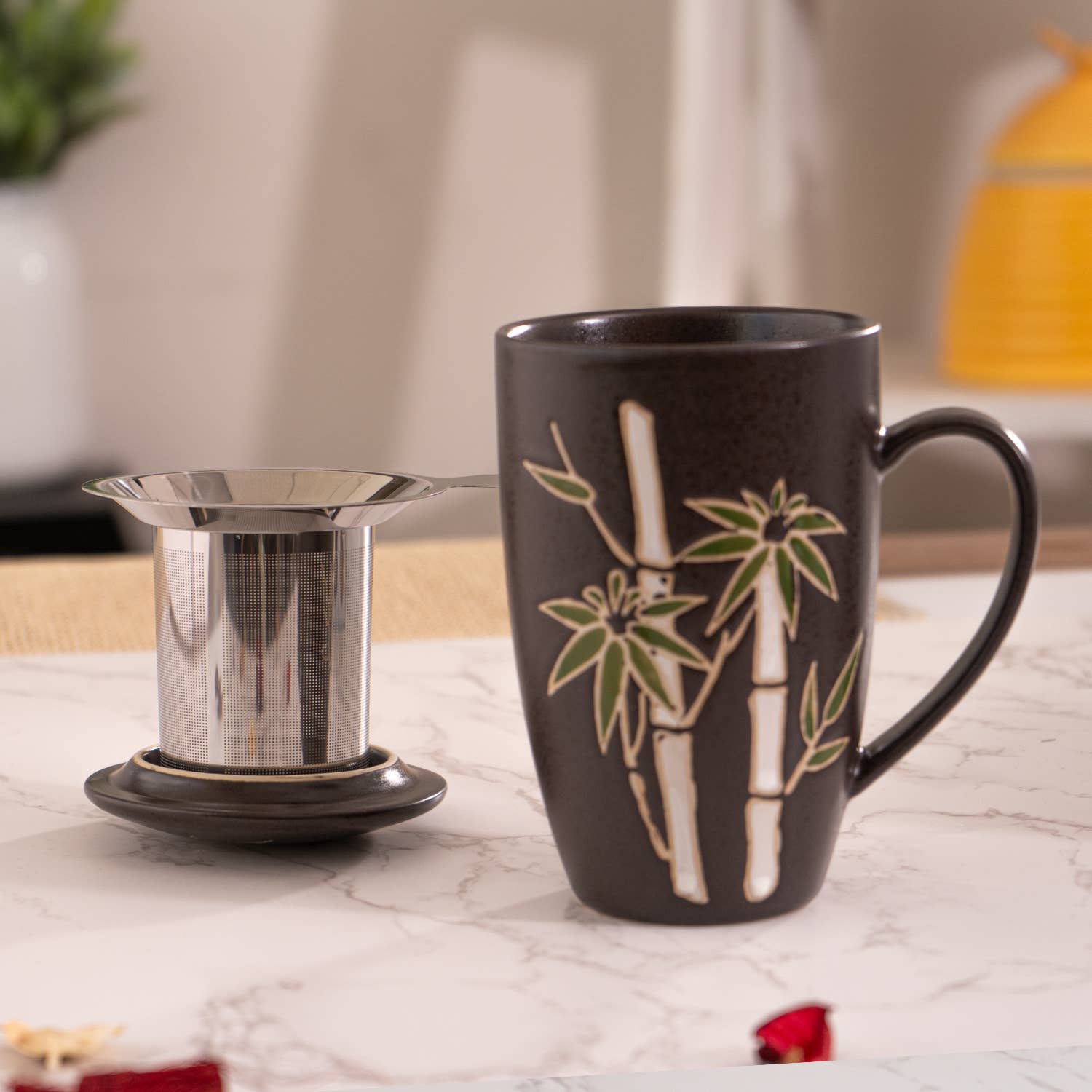 Bamboo Design 15oz Tea Mugs with Lid and Infuser