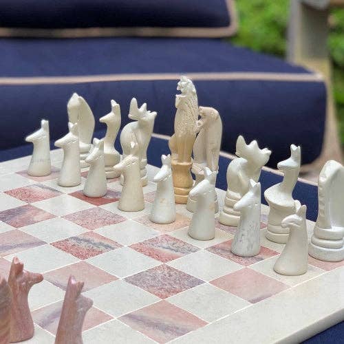Soapstone Hand-Carved Chess Set  in Box  - Safari Animal Pieces