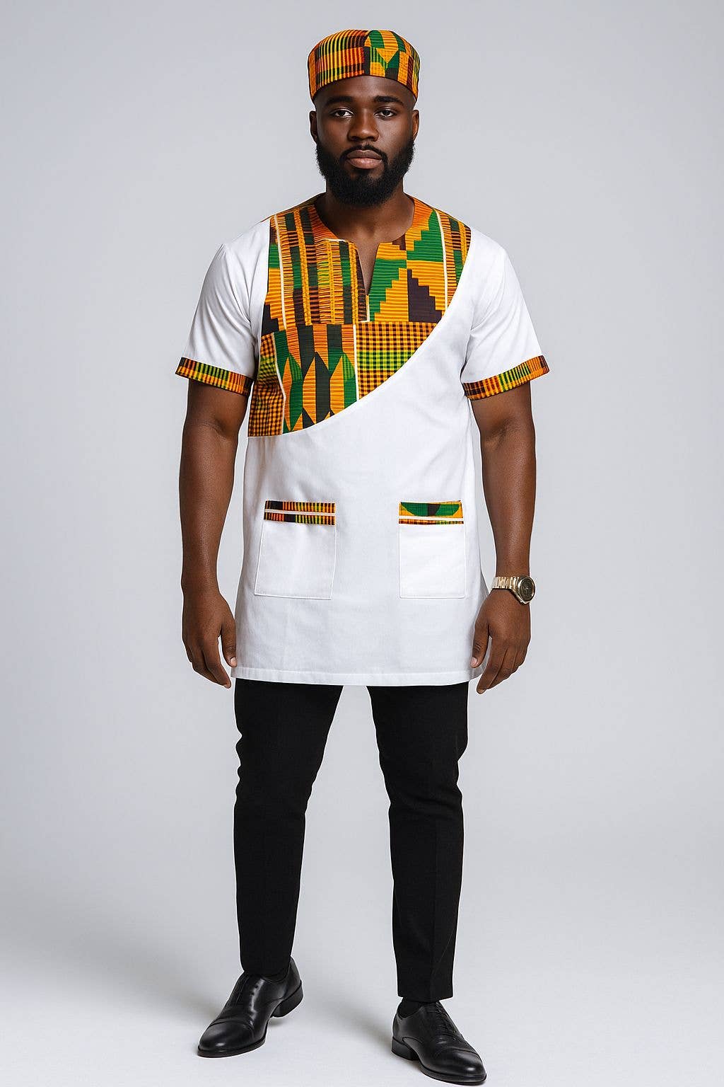 Men Tunic Shirt / Kente Accent- White M040