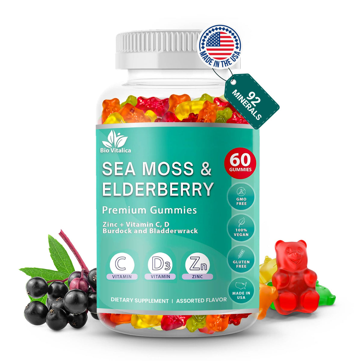 Sea Moss Elderberry Gummies Vitamin C D + Zinc Bio Vitalica