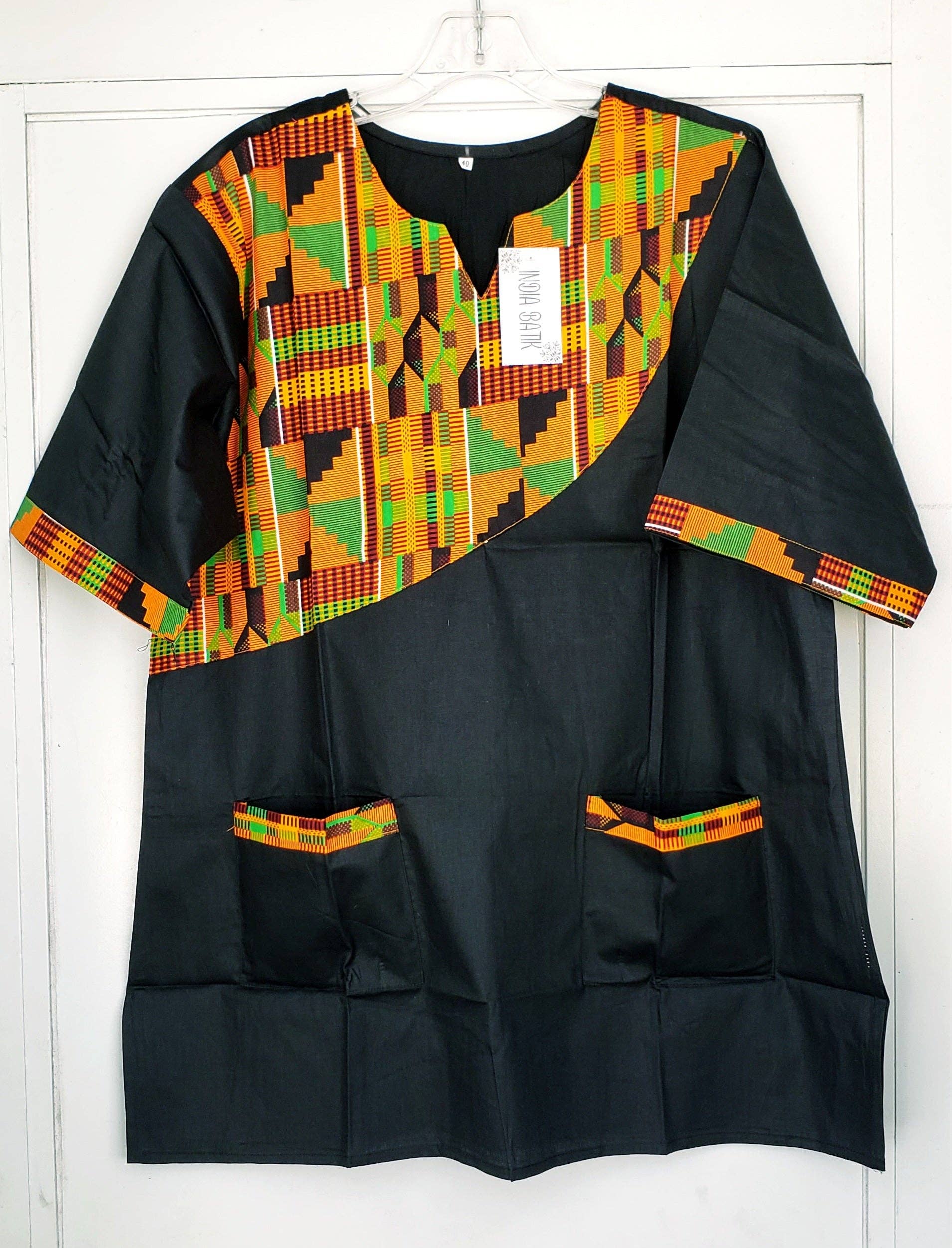 Men Tunic Shirt / Kente Accent- White M040