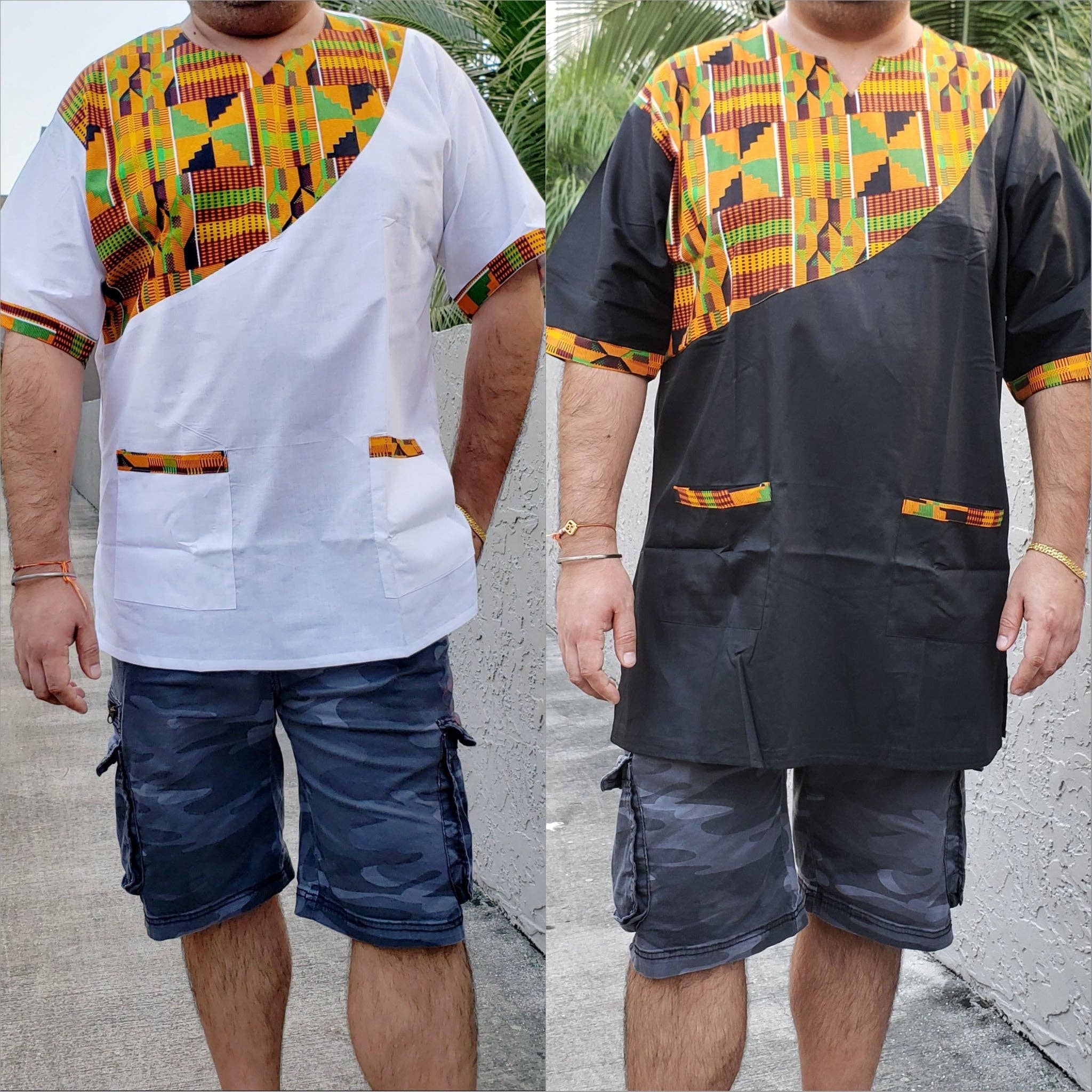 Men Tunic Shirt / Kente Accent- White M040