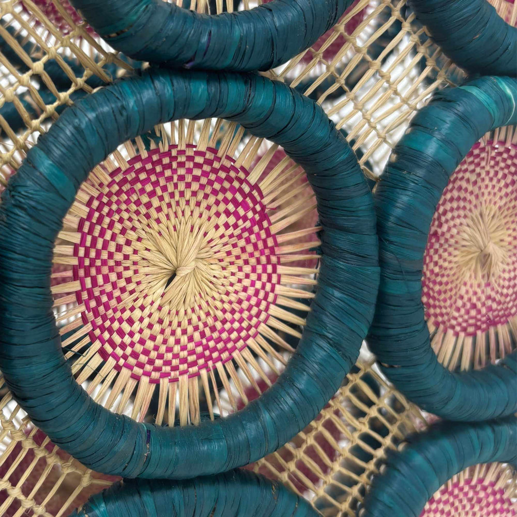 Uganda Raffia Square 12 inch Tote Basket, Pink/Green