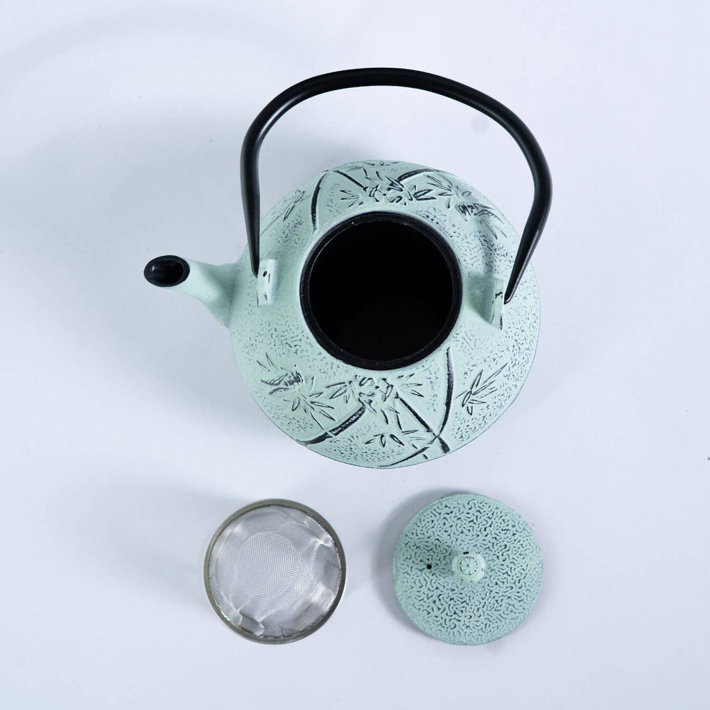 Mint Green Bamboo Design 40oz Cast Iron Tea Pot (1/8)