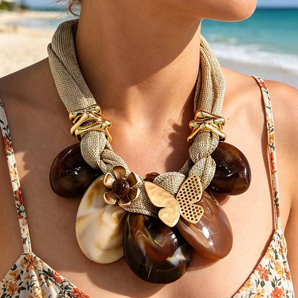 Bold Butterfly Flower Accent Resin Charm Station Mesh Statement Necklace