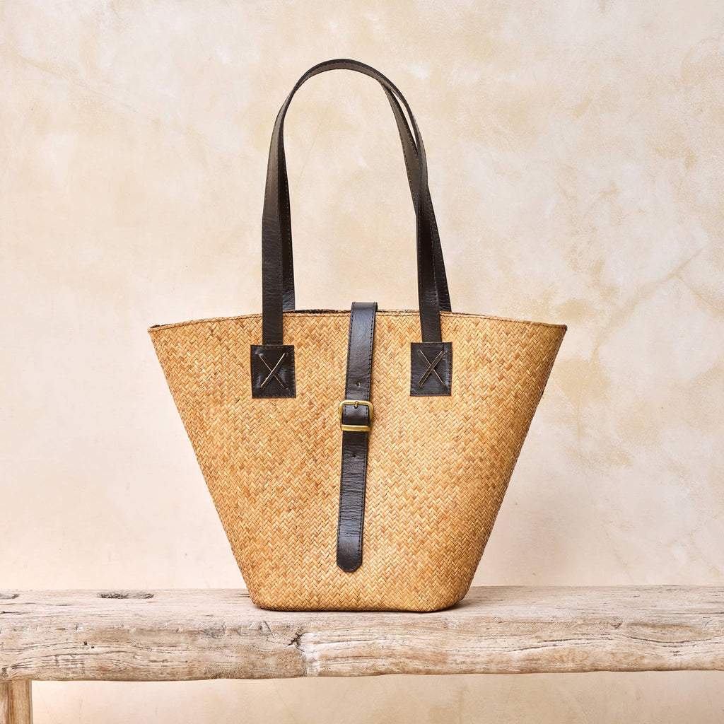 Rattan Beach Basket Woven Tote Bag with Dark Leather Trim