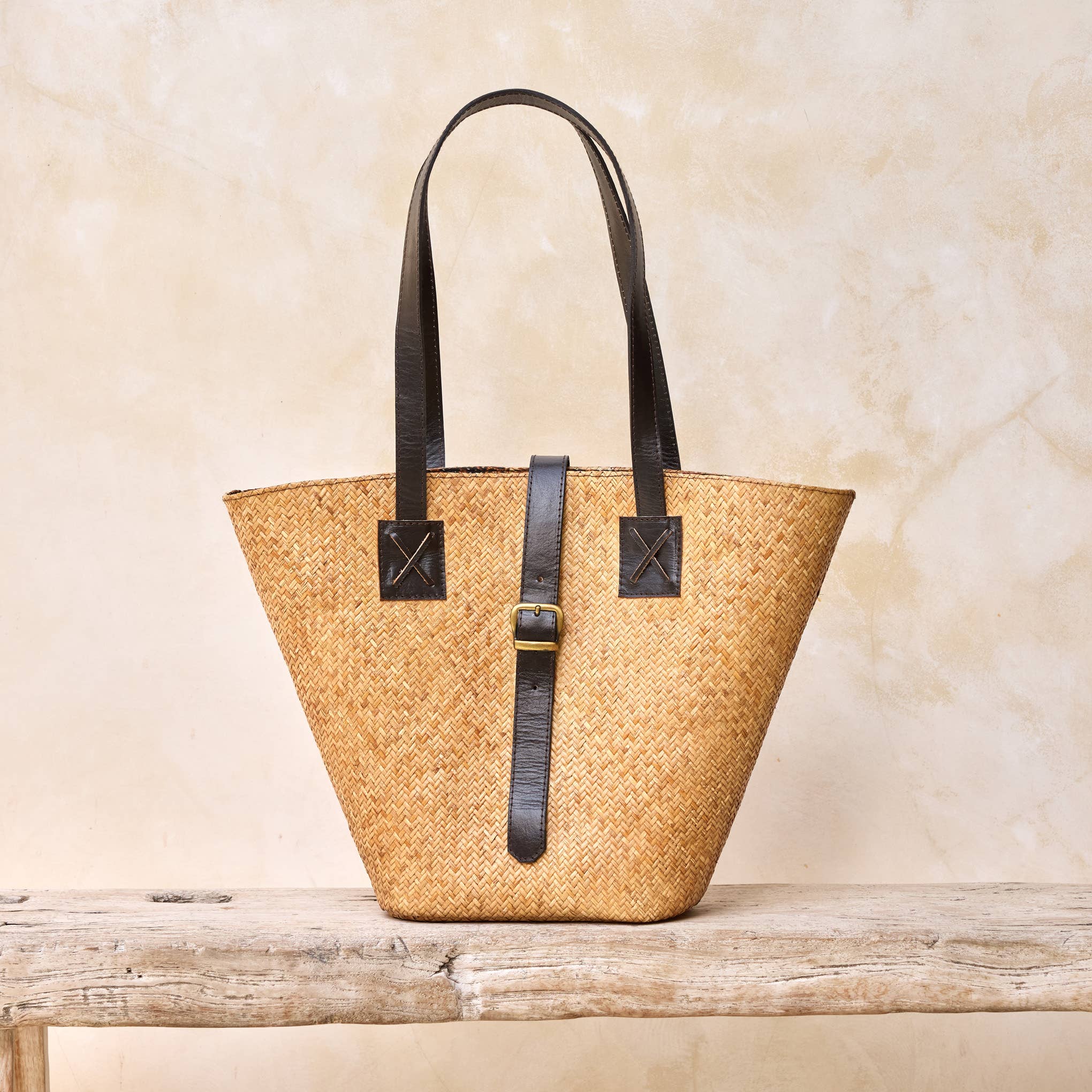 Rattan Beach Basket Woven Tote Bag with Dark Leather Trim