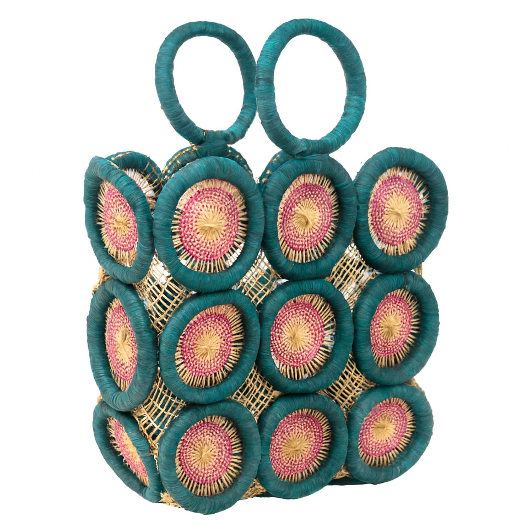 Uganda Raffia Square 12 inch Tote Basket, Pink/Green