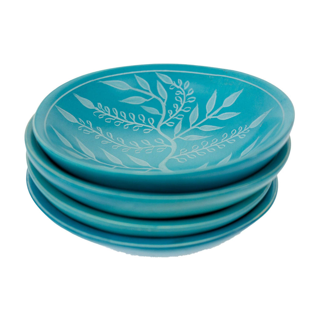 Painted Soapstone Carved Dish, Turquoise Etching