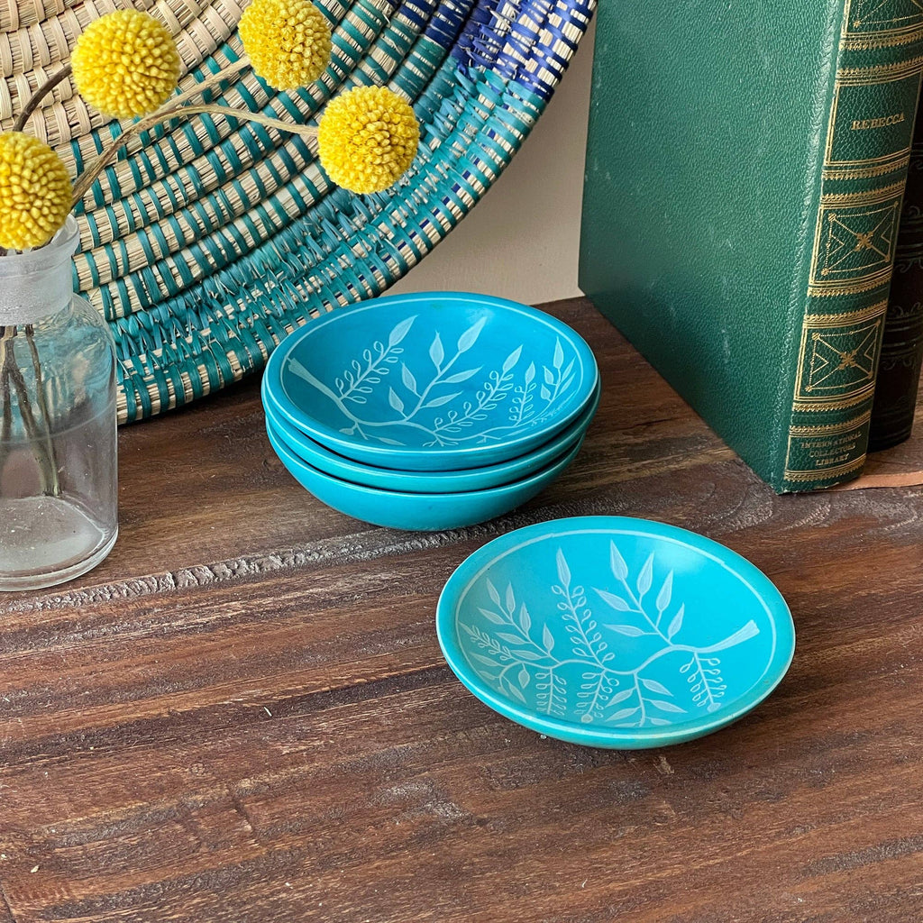 Painted Soapstone Carved Dish, Turquoise Etching