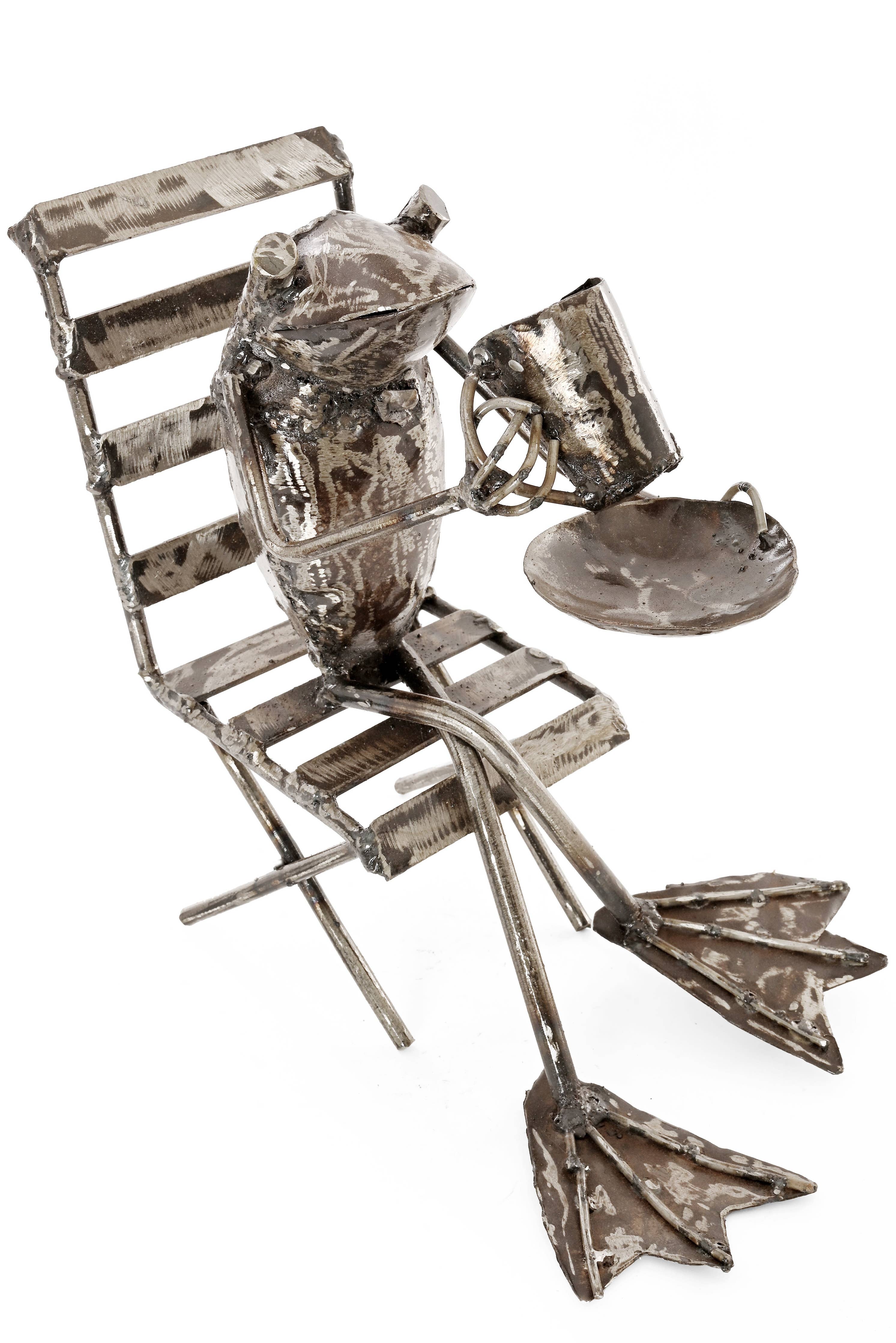 Coffee Sipping Metal Frog Sculpture - Garden Gifts