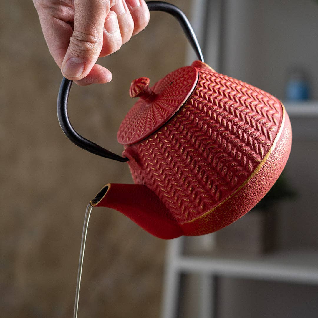 Red Chevron Design 32oz Cast Iron Tea Pot (1/8)