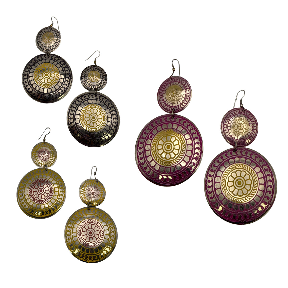 Large Bohemian Flower Print Embossed Brass Earrings