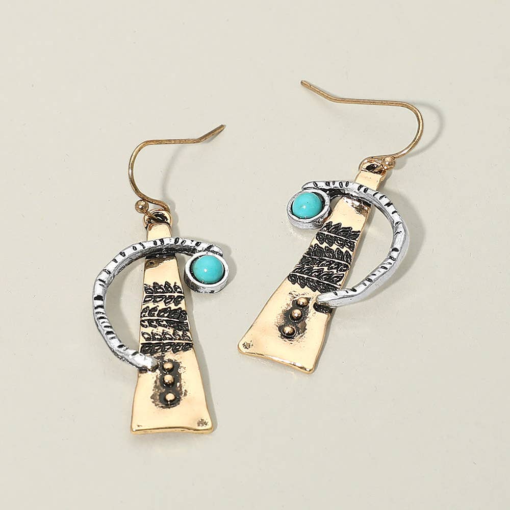 Turquoise Stone Accent Abstract Textured Metal Drop Earrings