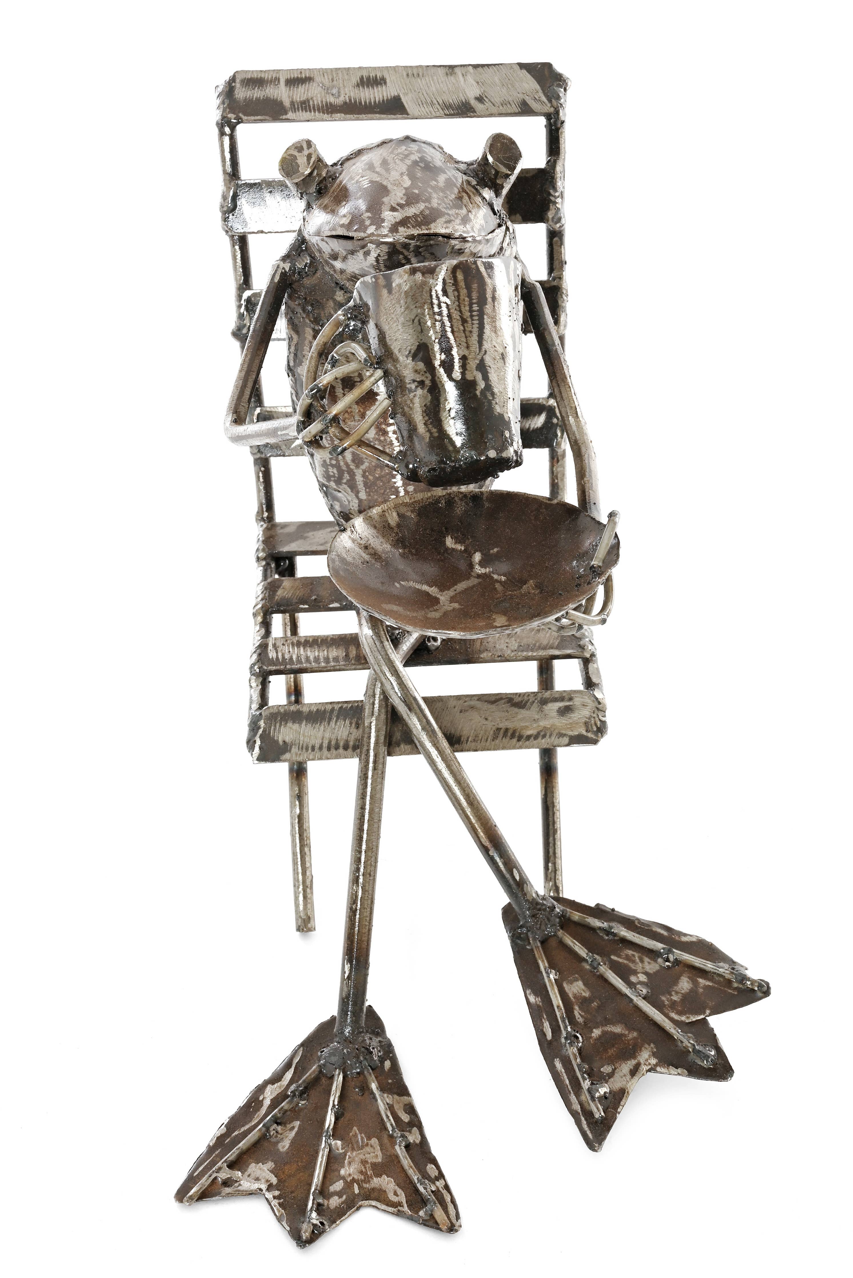 Coffee Sipping Metal Frog Sculpture - Garden Gifts
