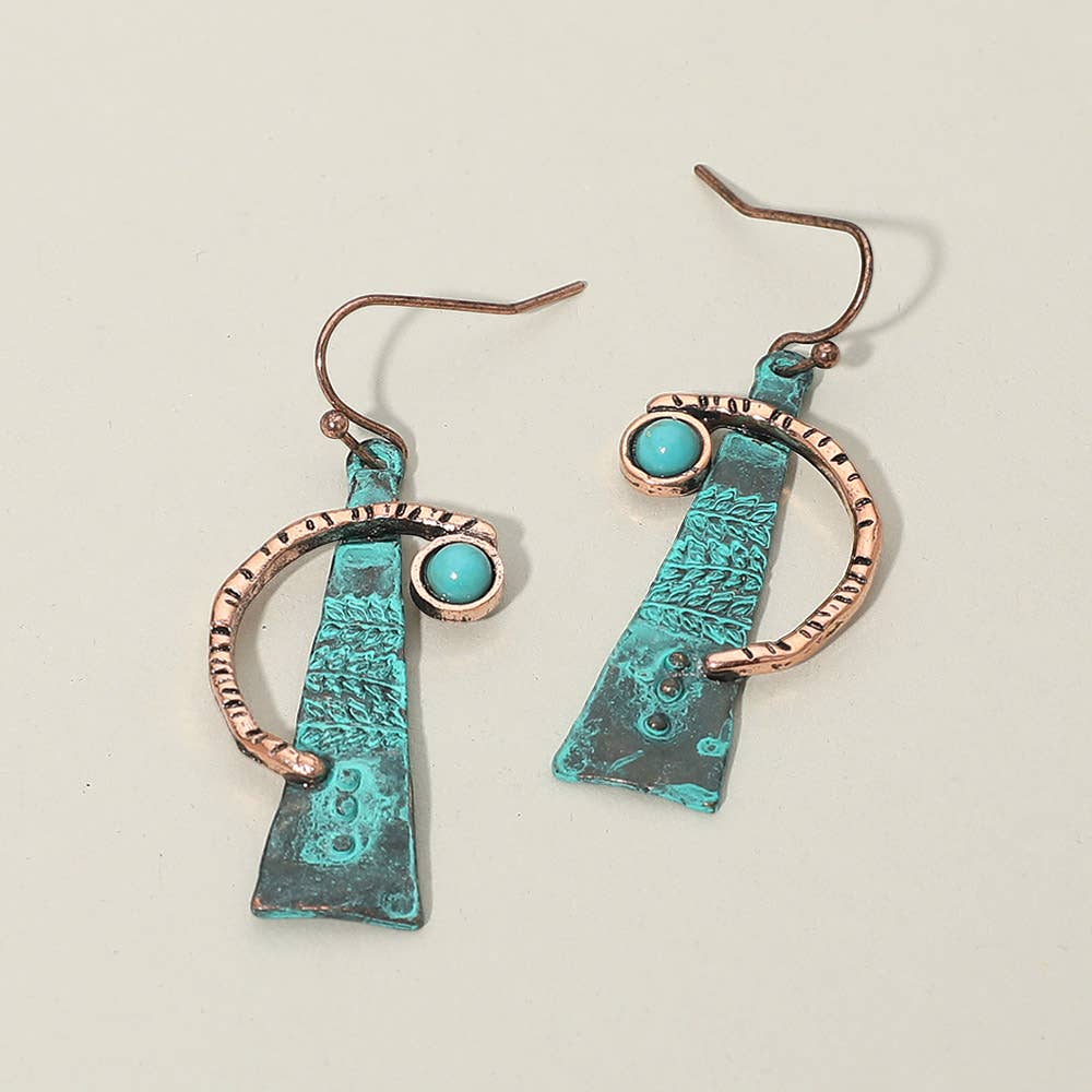 Turquoise Stone Accent Abstract Textured Metal Drop Earrings