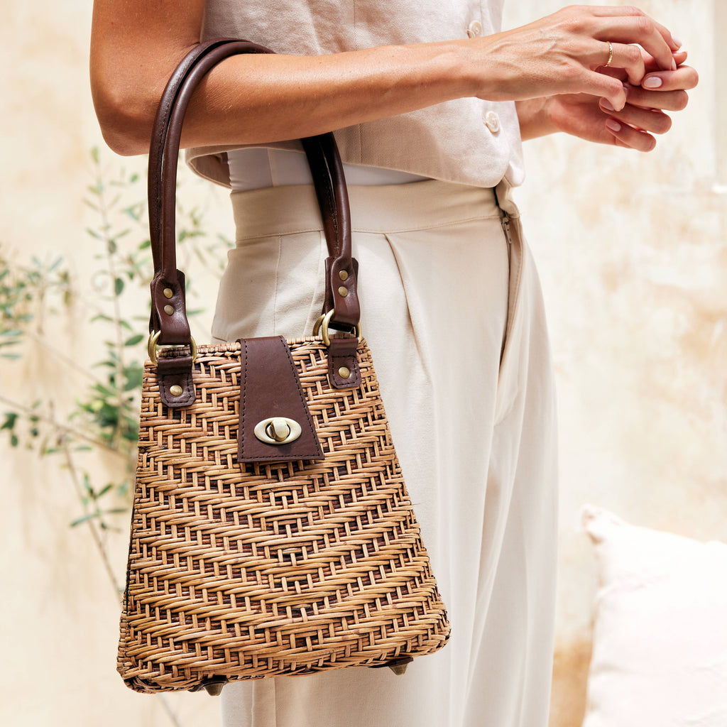 Rattan Summer Resort Handbag with Leather Elbow Strap