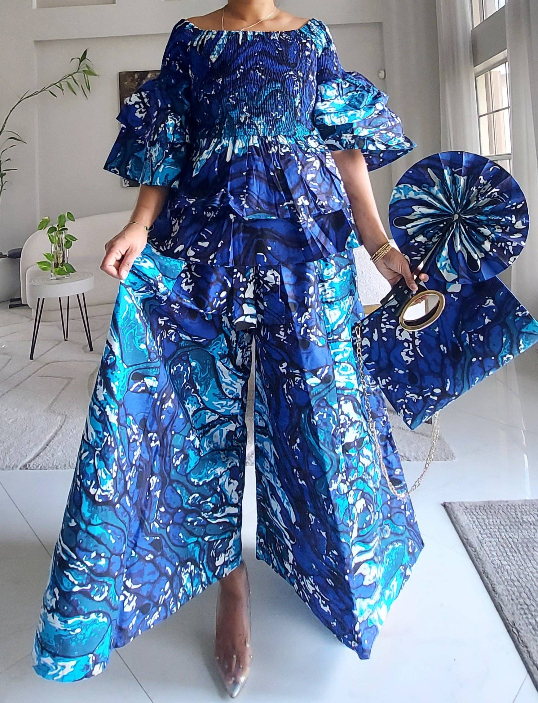 5-Piece African Ankara Pant Set - Blue Marble  019-PS14B