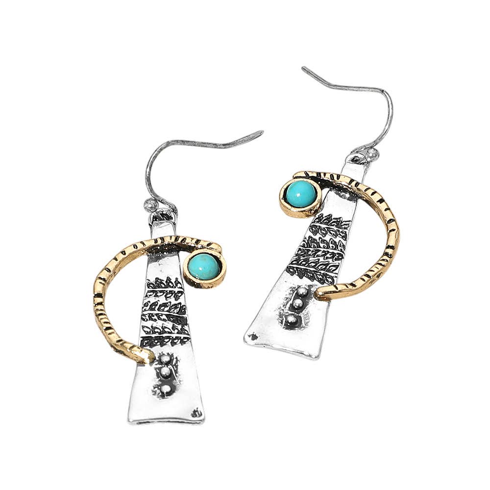 Turquoise Stone Accent Abstract Textured Metal Drop Earrings