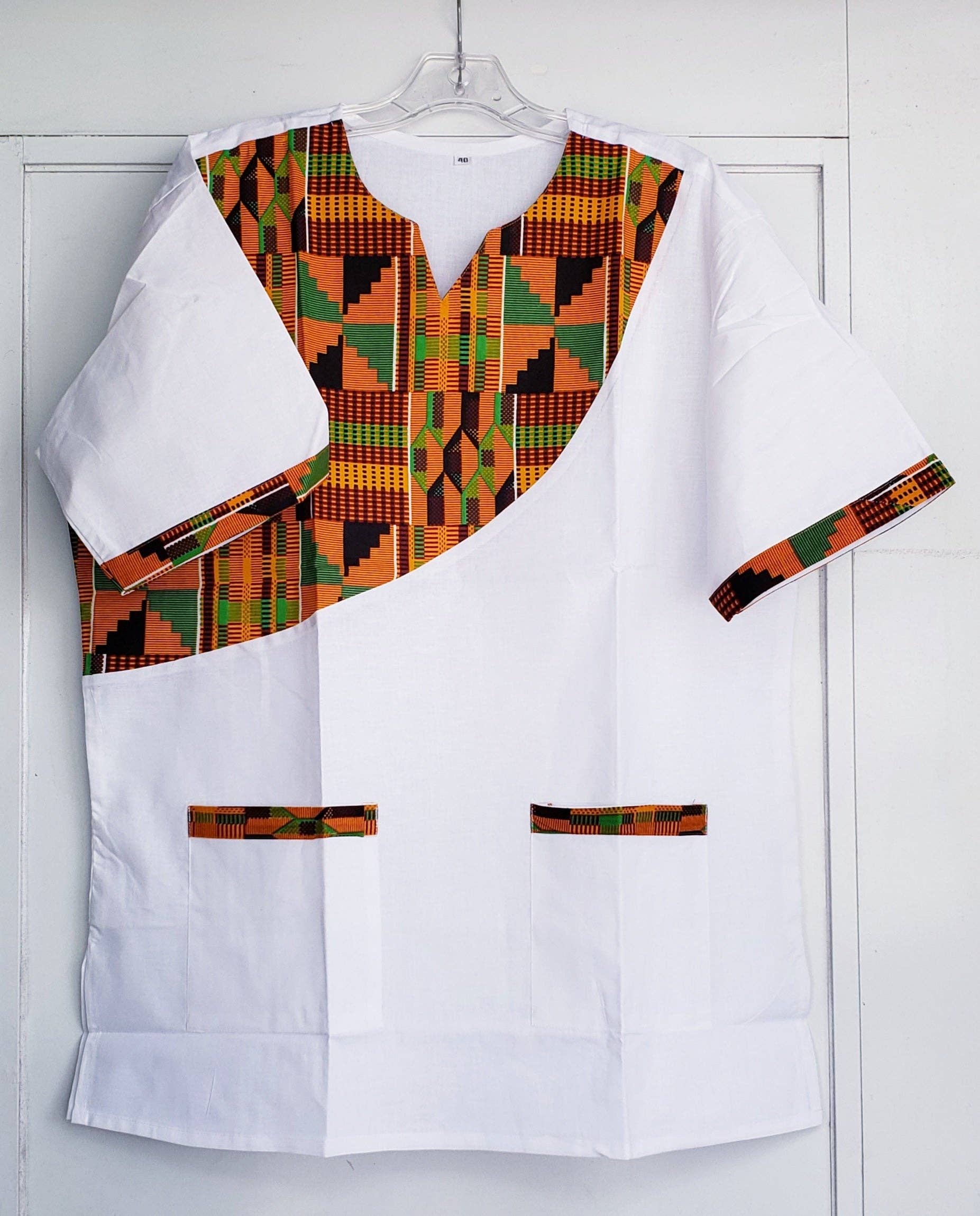 Men Tunic Shirt / Kente Accent- White M040
