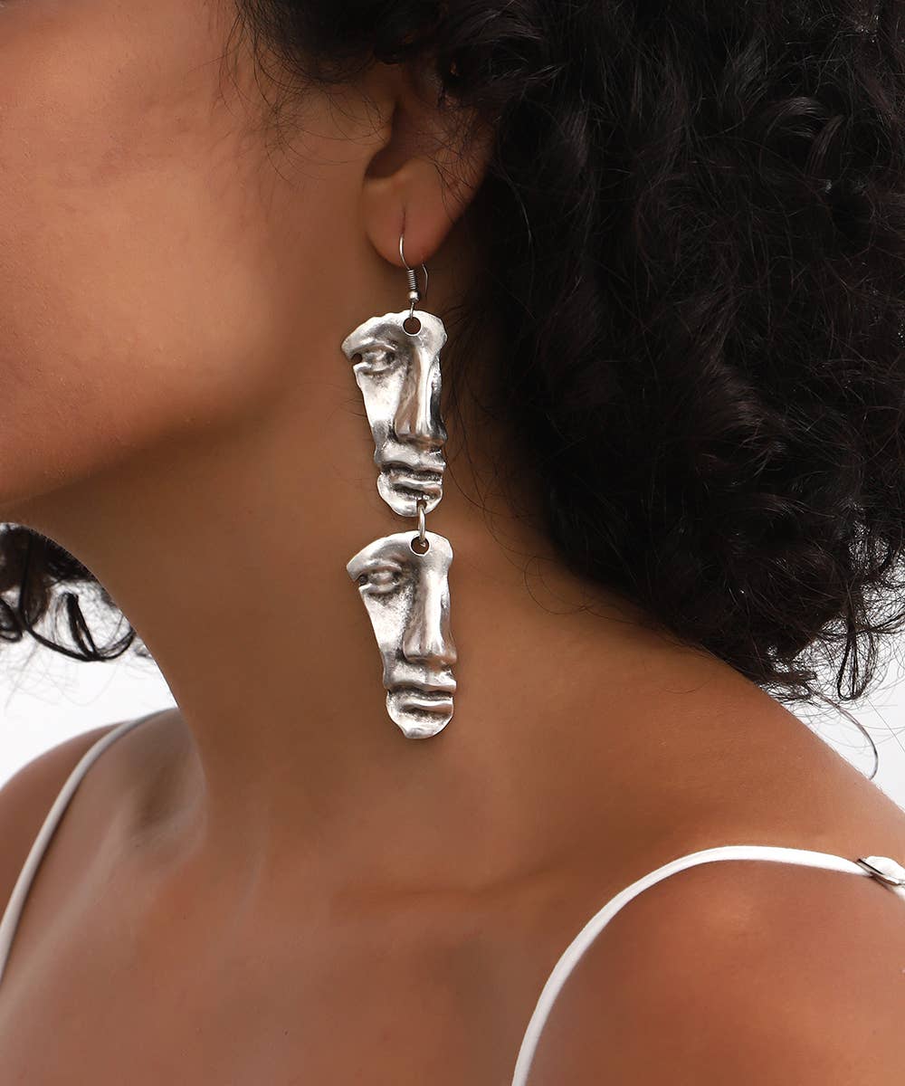 Antique Silver Plated Face Design Earrings