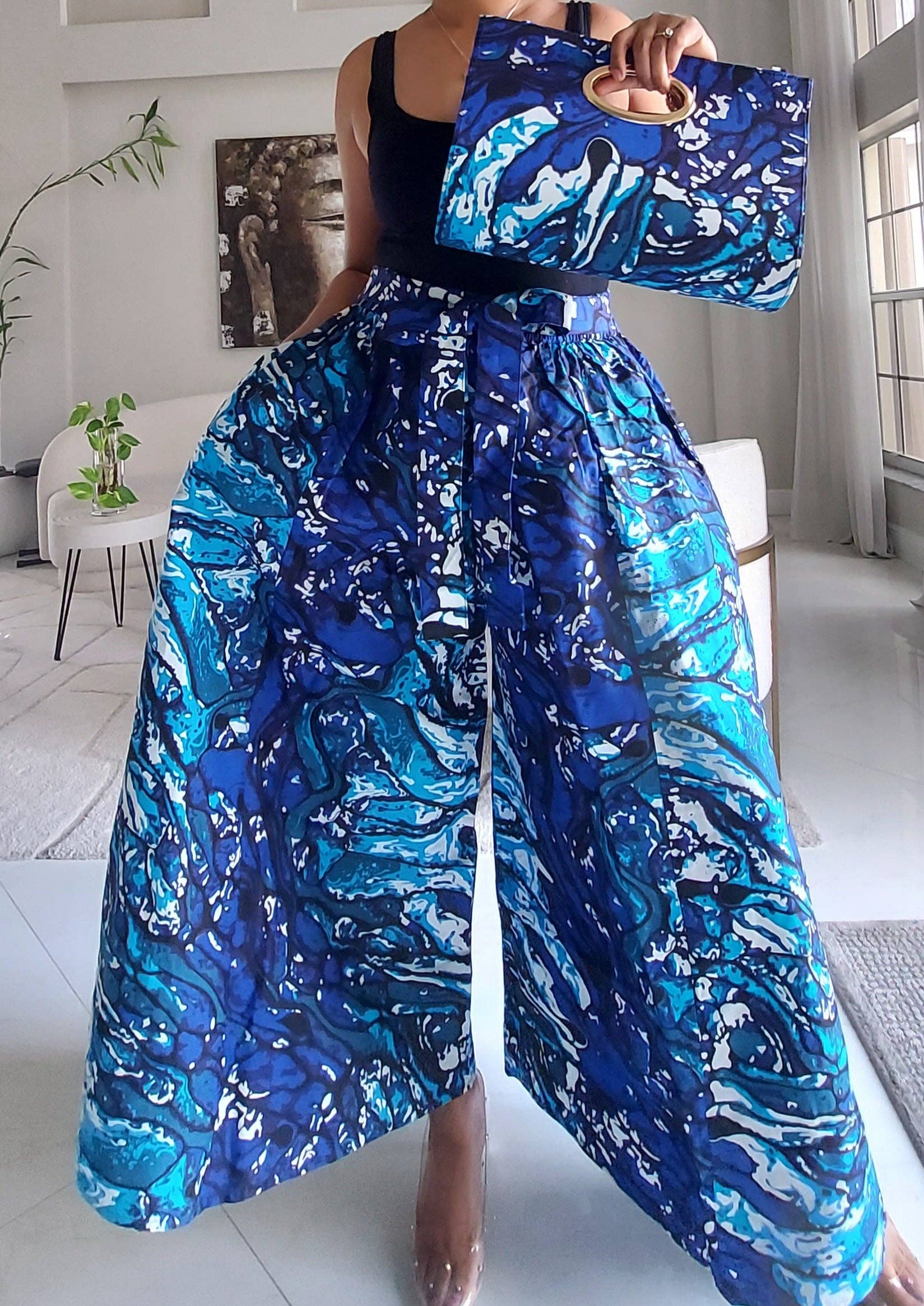 5-Piece African Ankara Pant Set - Blue Marble  019-PS14B